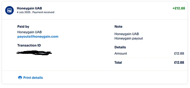 Honeygain PayPal Payment Screenshot (Redacted)